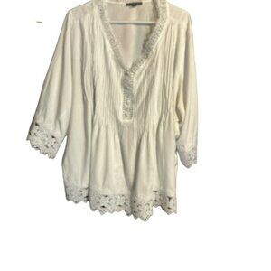 Chelsea & Theodore  XXL Tunic White  Boho Coastal Lace Trim Long Sleeve Bin72